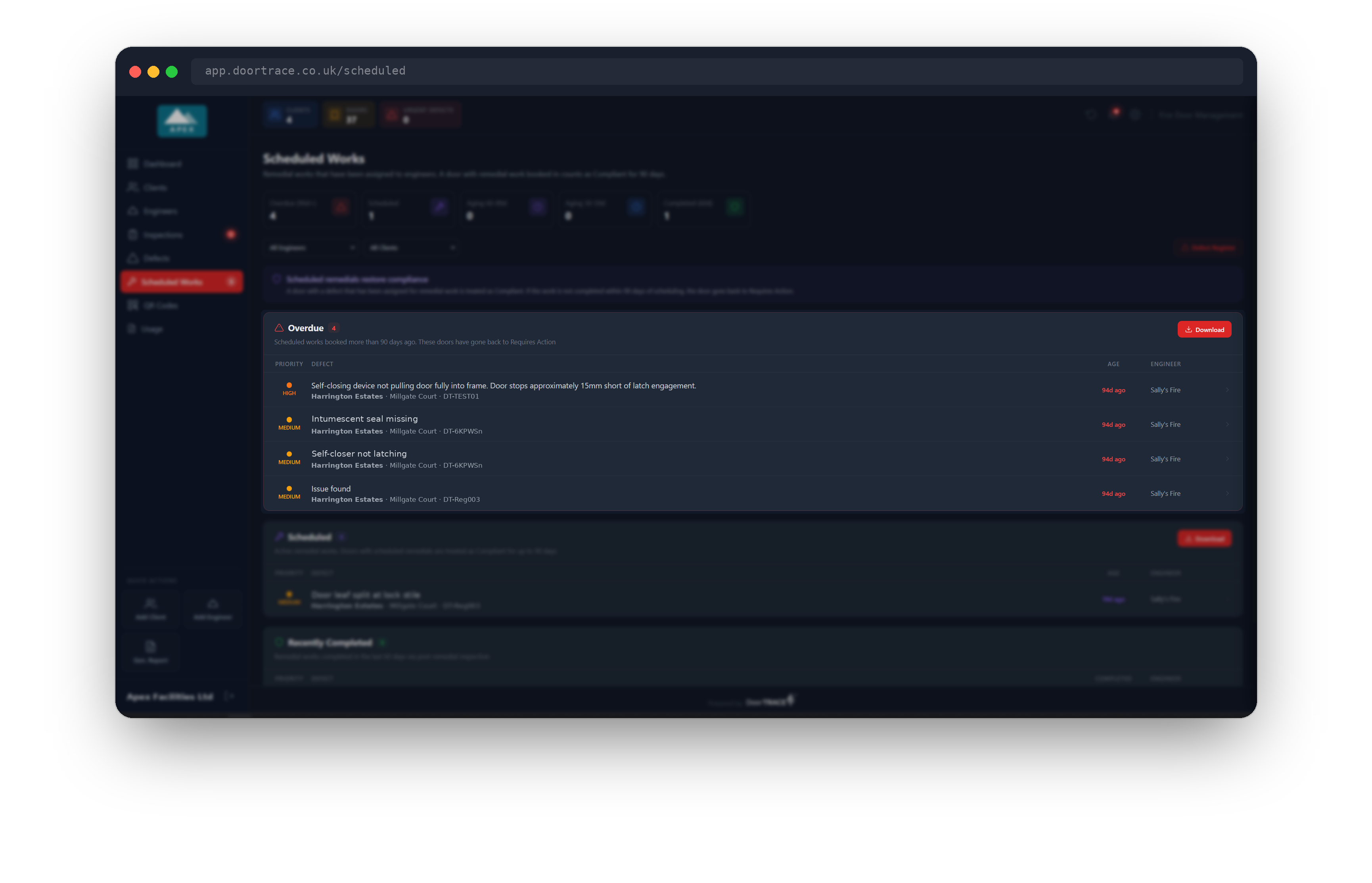 The Scheduled Works page opened from a notification with the Overdue section expanded