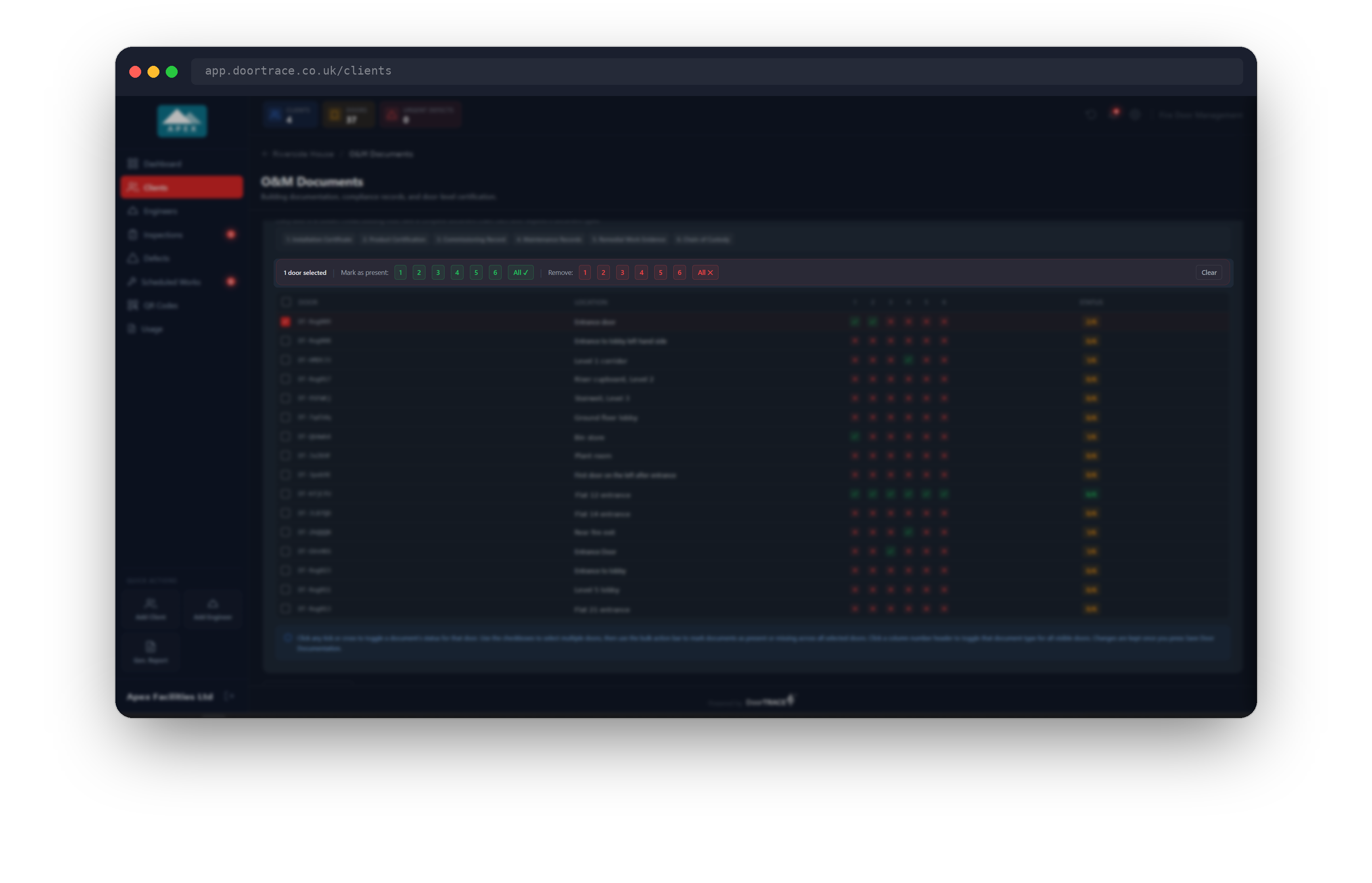 The bulk action bar with one door selected