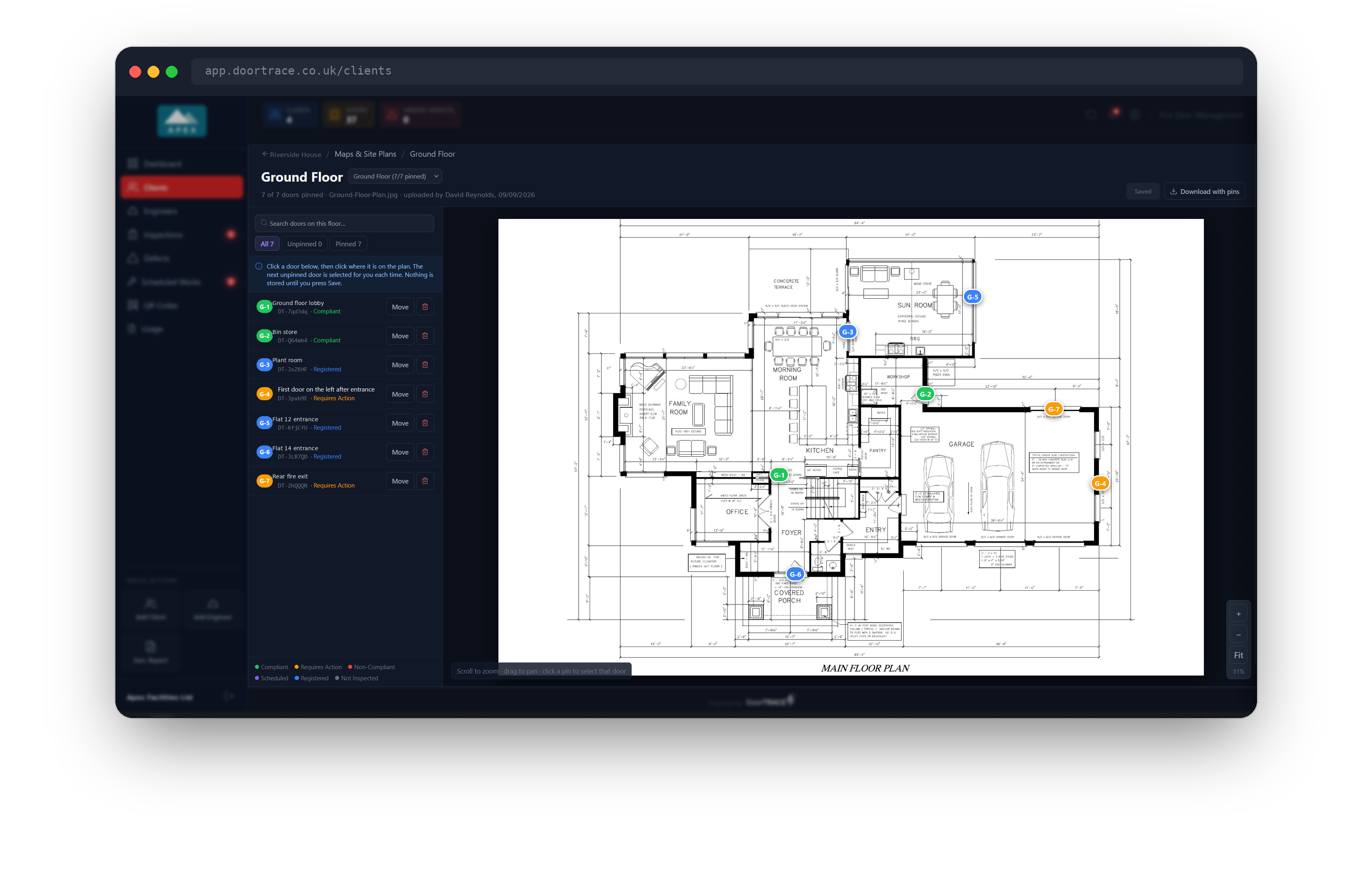 The plan viewer with the door list on the left and the plan on the right