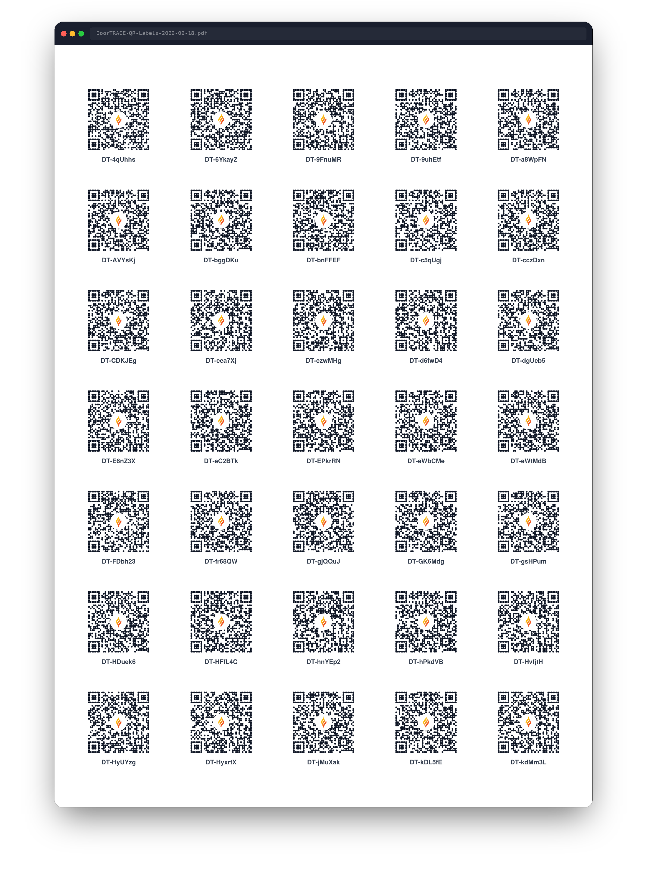 A finished sheet of 35 labels, each with a QR code and its code underneath