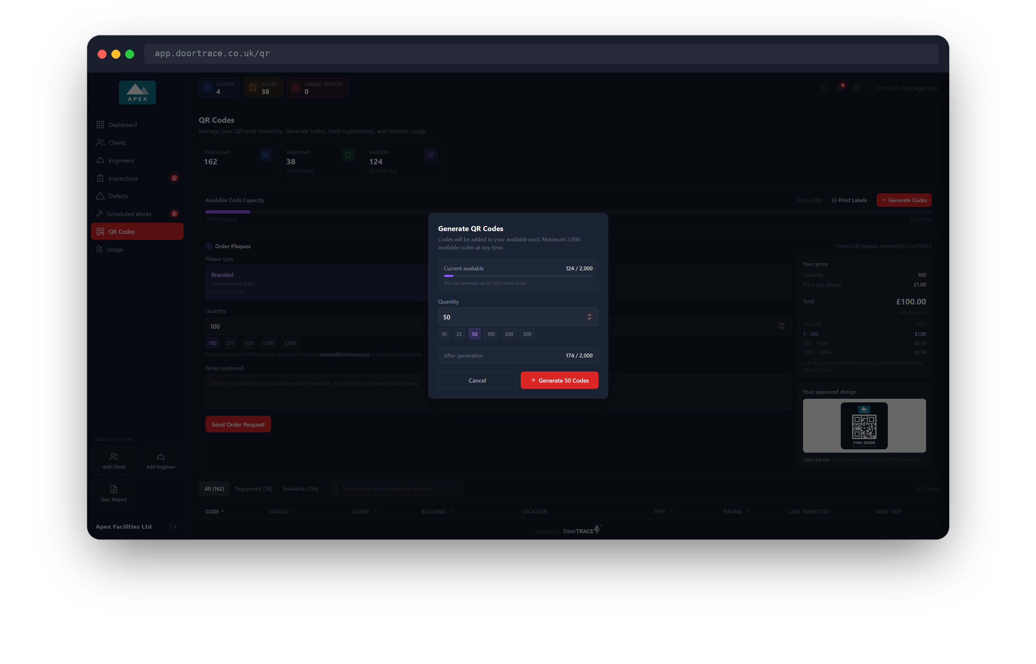 The Generate QR Codes window with the quantity box and quick picks
