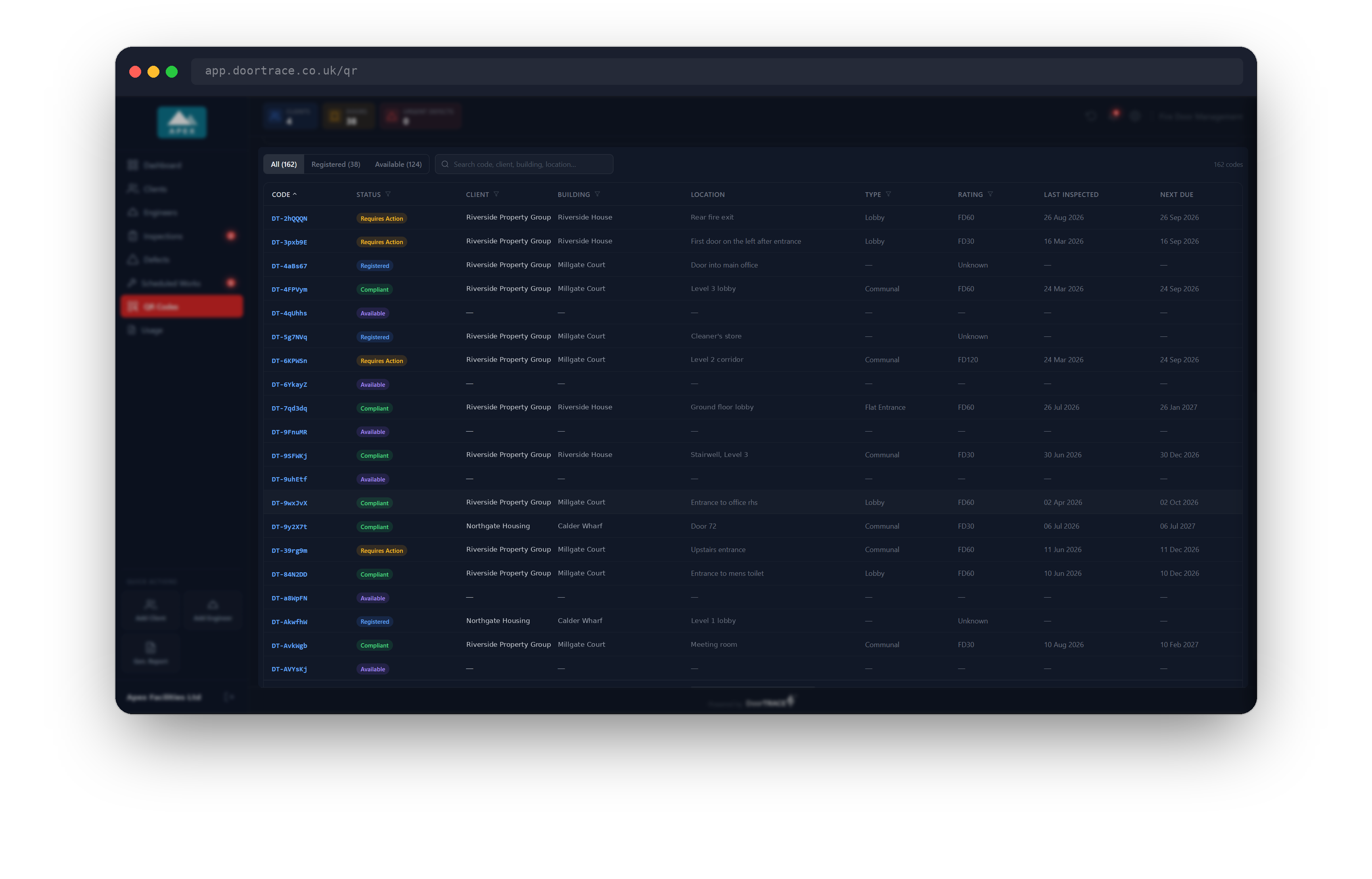 The codes table with the All, Registered and Available tabs and the search box