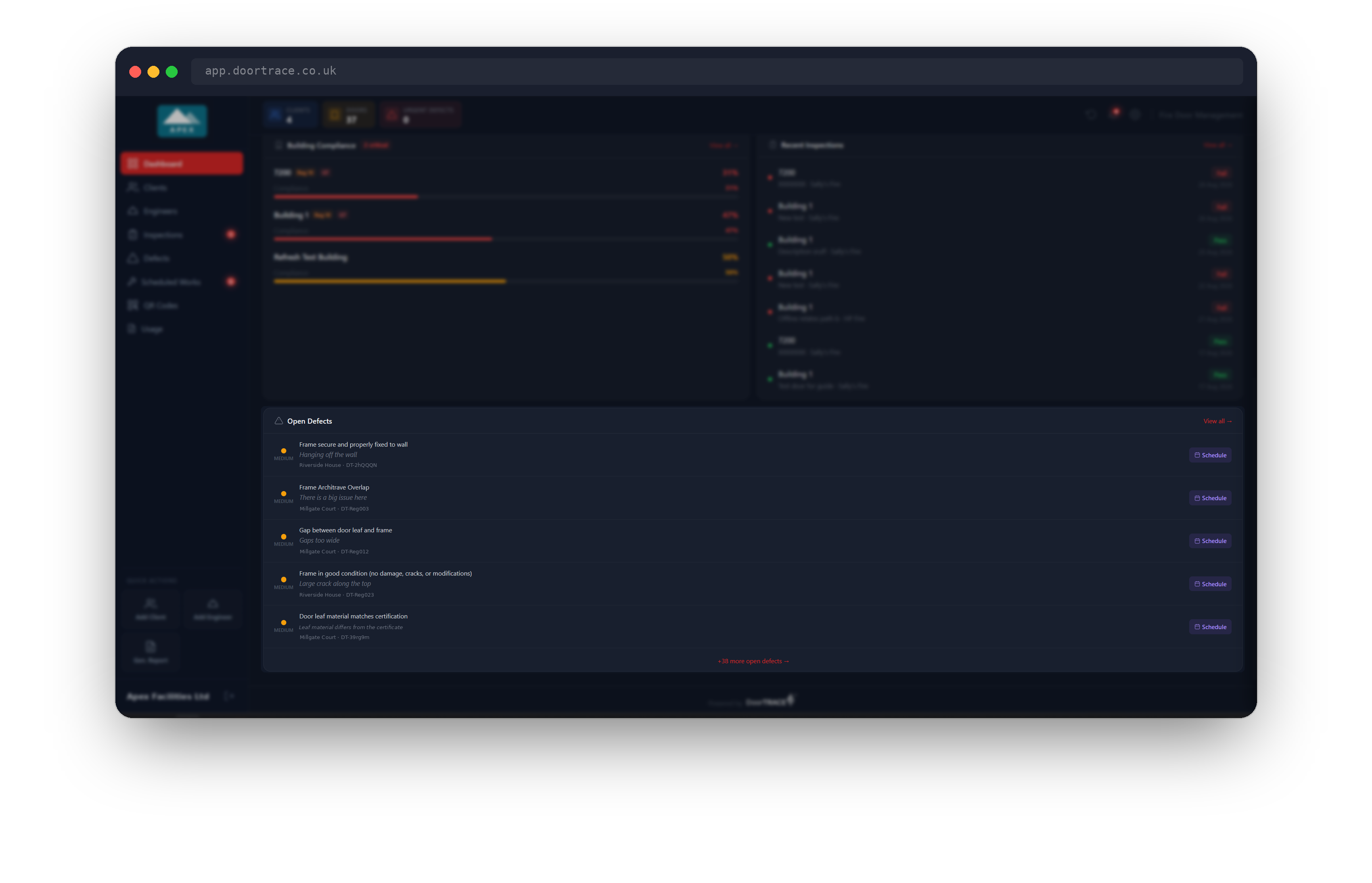 Open Defects card on the dashboard with a Schedule button on each row