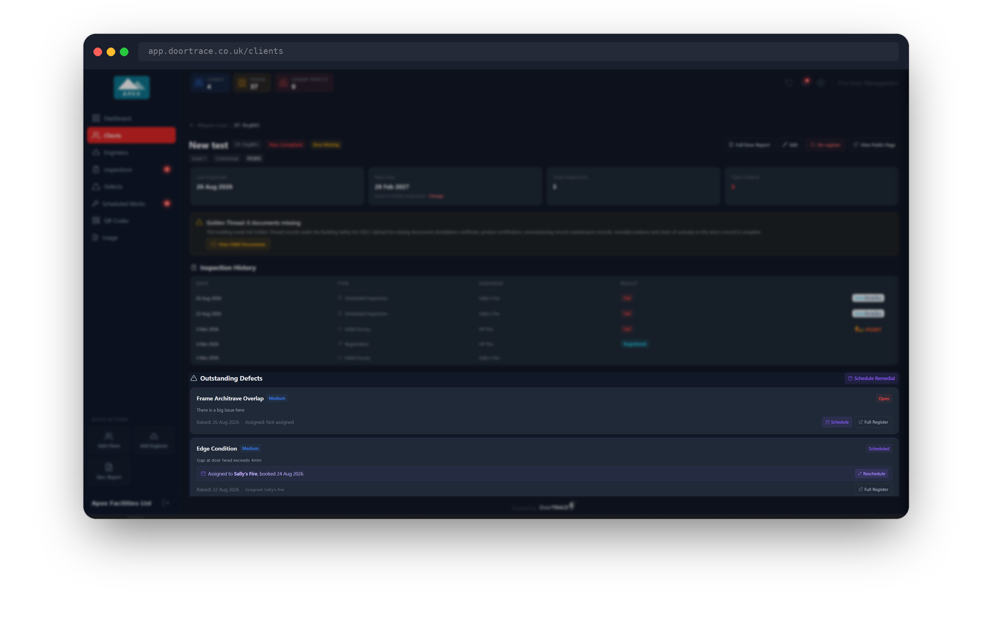 Outstanding Defects on a door page with the Schedule button on an open defect