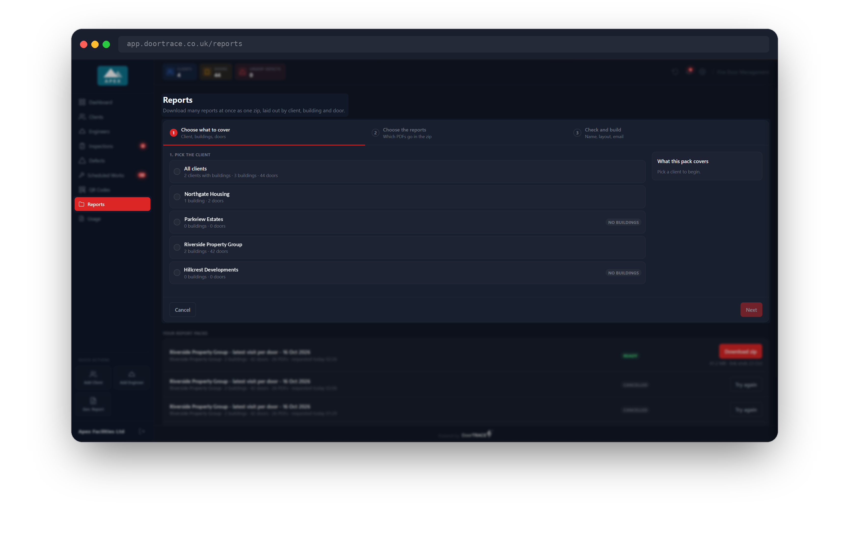The Reports page as it opens, with step 1 of the wizard