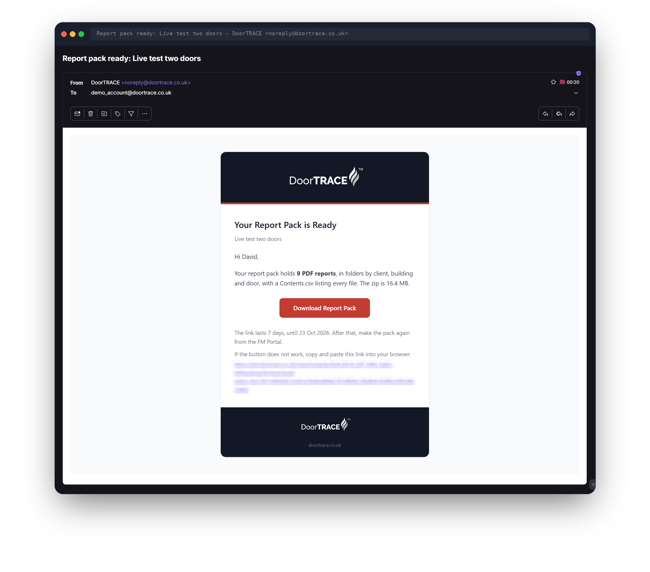 The Report pack ready email