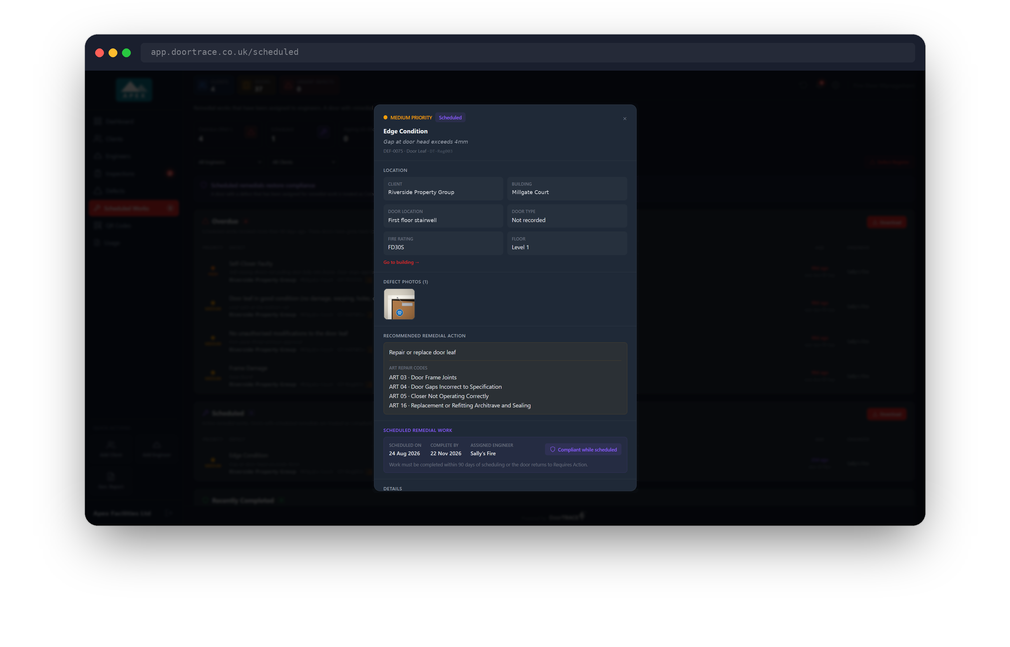 The defect window opened from Scheduled Works