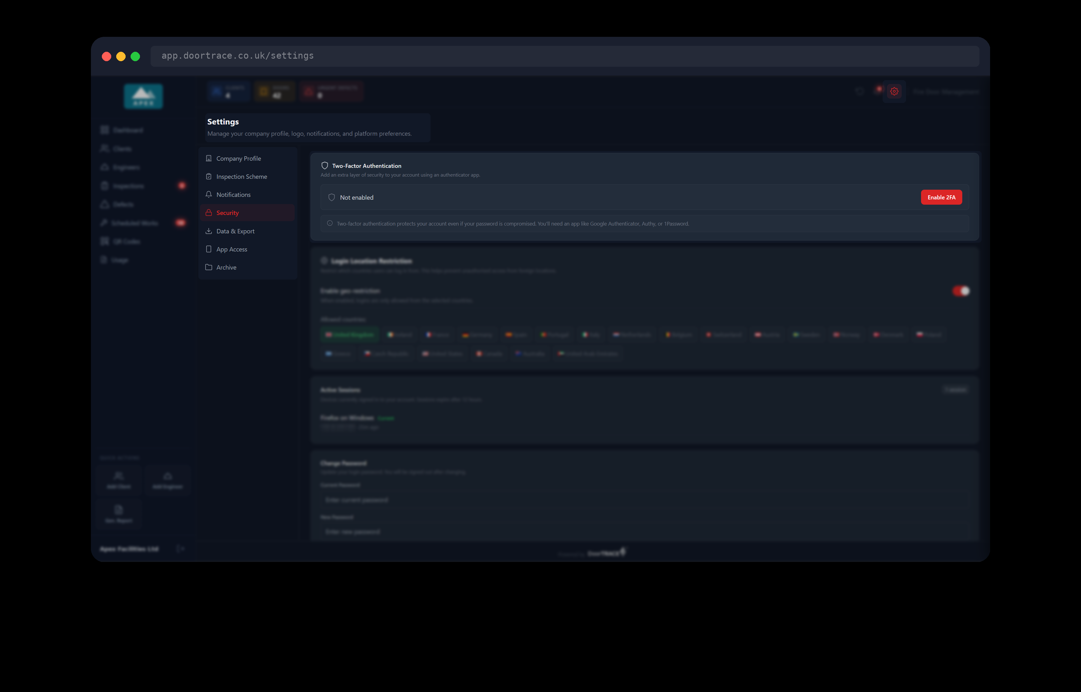 The Settings page with Security selected