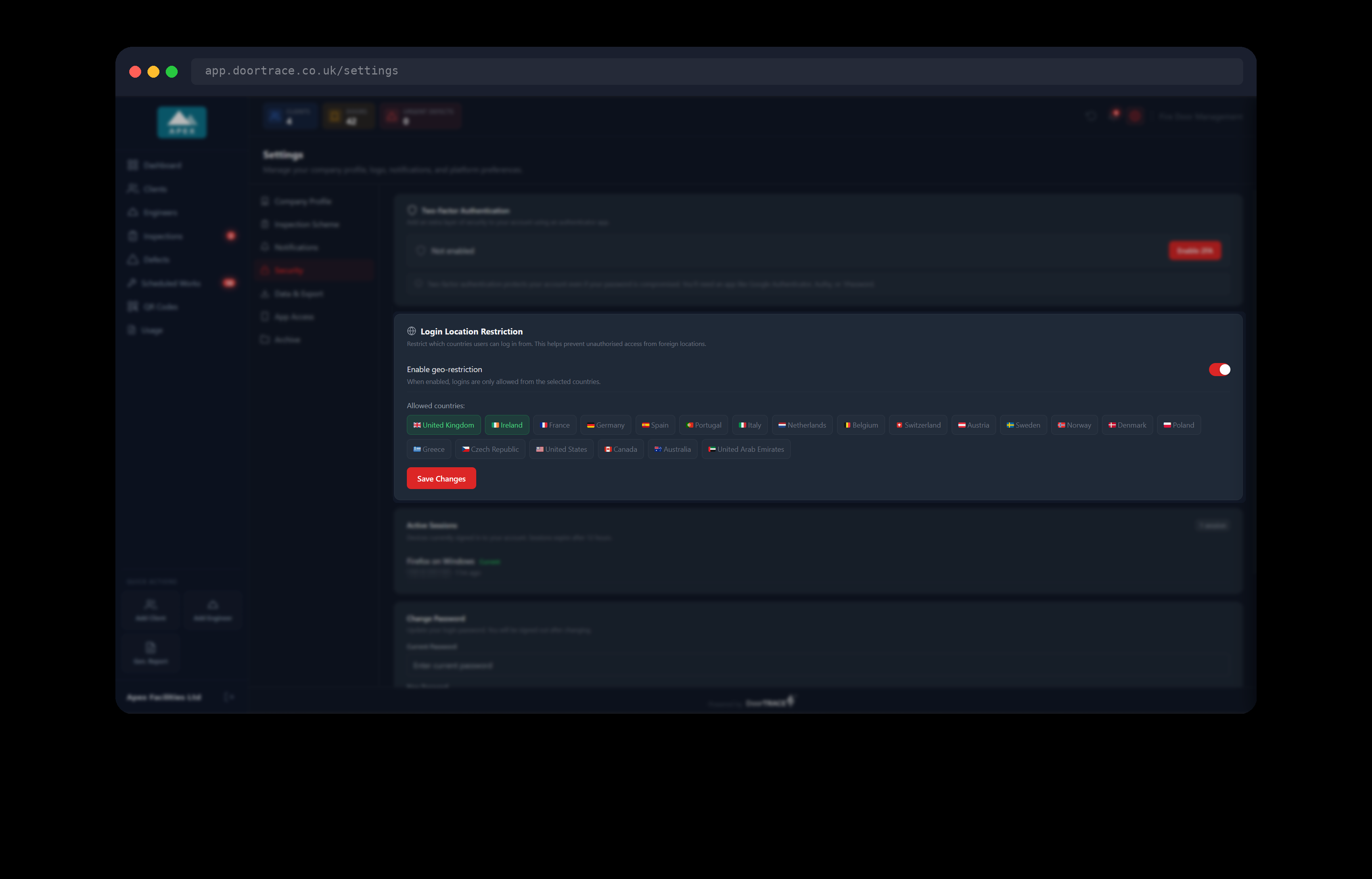 The Login Location Restriction box with a change waiting to be saved