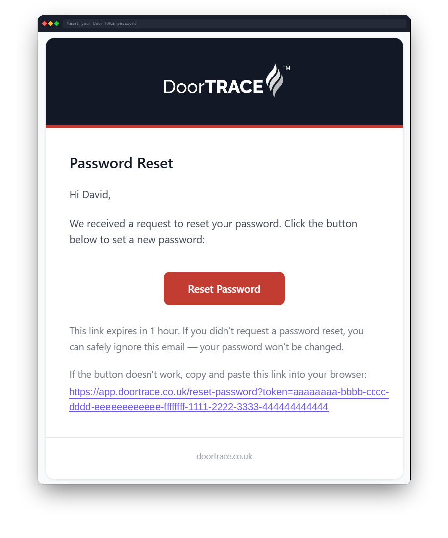 The password reset email